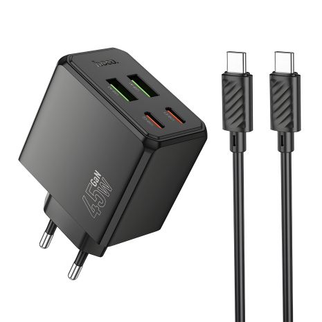 Мережевий зарядний пристрій Hoco CS18A 2 USB/2 Type-C PD 45W black + кабель Type-C to Type-C