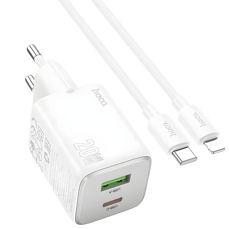 Сетевое зарядное устройство Hoco N41, USB/Type-C PD QC, белое + кабель Type-C to Lightning Сетевое зарядное устройство Hoco N41, USB/Type-C PD QC, белое + кабель Type-C to Lightning
