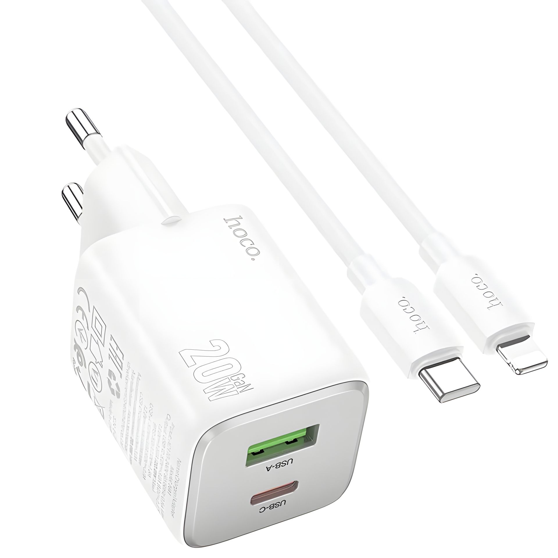 Сетевое зарядное устройство Hoco N41, USB/Type-C PD QC, белое + кабель Type-C to Lightning Сетевое зарядное устройство Hoco N41, USB/Type-C PD QC, белое + кабель Type-C to Lightning