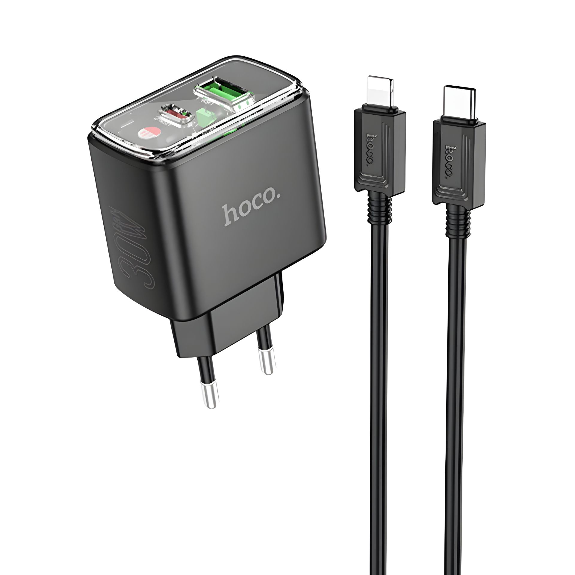Зарядний мережевий пристрій Hoco CS42A, USB, Type-C, PD 30W, QC, black, кабель Type-C to Lightning Зарядний мережевий пристрій Hoco CS42A, USB, Type-C, PD 30W, QC, black, кабель Type-C to Lightning