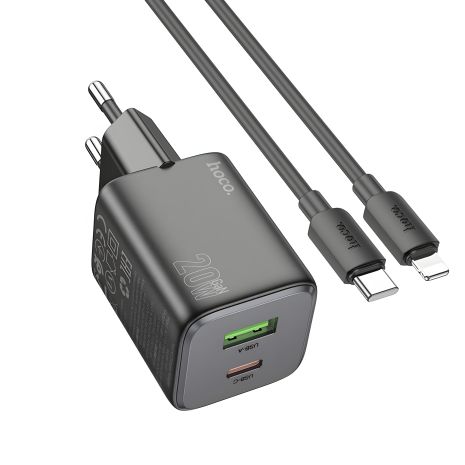 Мережевий зарядний пристрій Hoco N41, USB, 20W, 3А, Type-C, PD, QC, black, кабель Type-C to Lightning Мережевий зарядний пристрій Hoco N41, USB, 20W, 3А, Type-C, PD, QC, black, кабель Type-C to Lightning