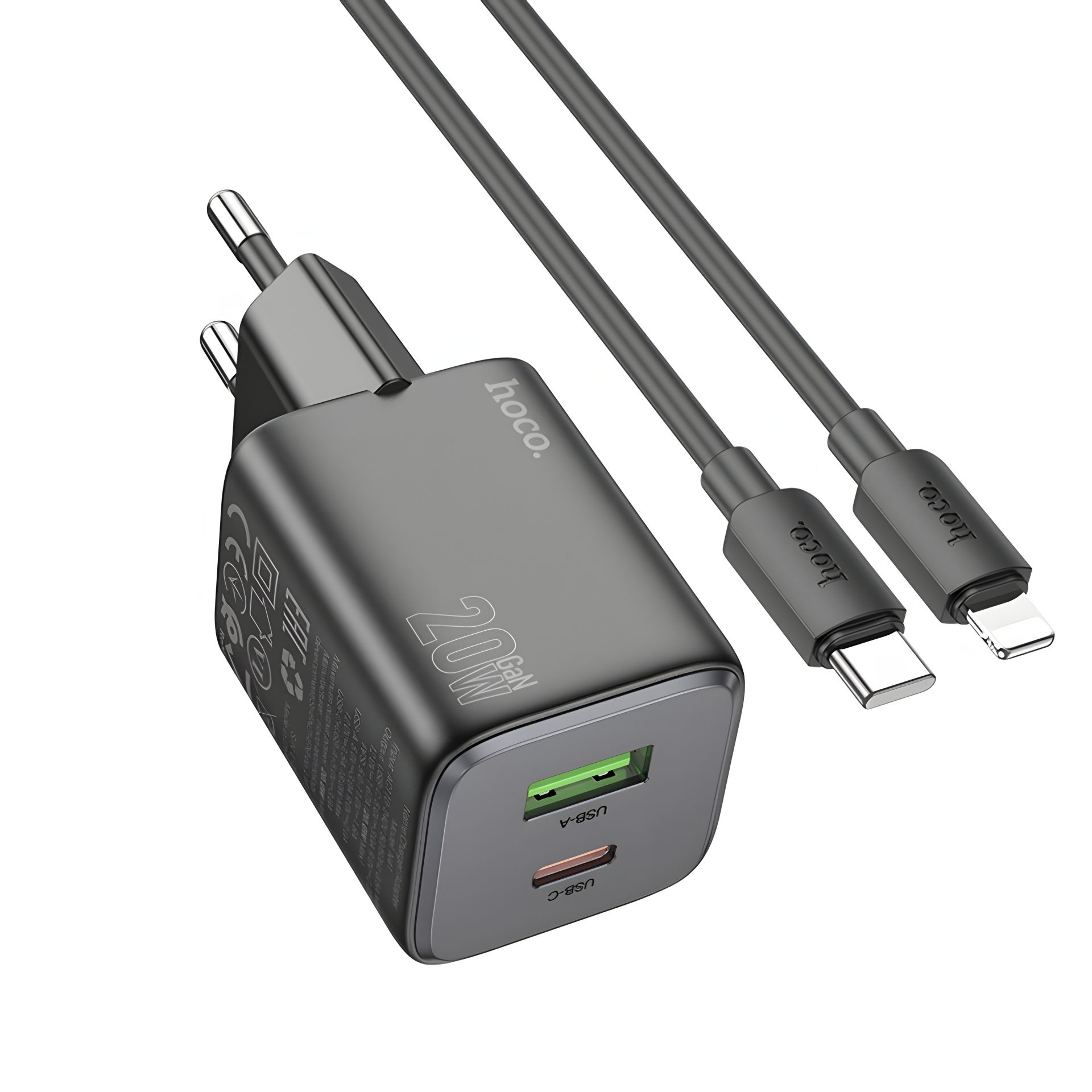 Мережевий зарядний пристрій Hoco N41, USB, 20W, 3А, Type-C, PD, QC, black, кабель Type-C to Lightning Мережевий зарядний пристрій Hoco N41, USB, 20W, 3А, Type-C, PD, QC, black, кабель Type-C to Lightning