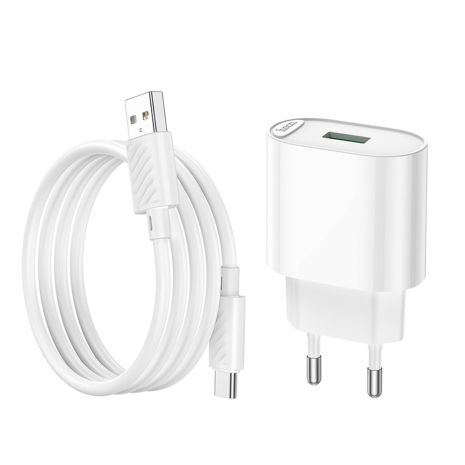 Зарядний мережевий пристрій Hoco C109A, QC 18W, USB, кабель USB to Type-C, білий