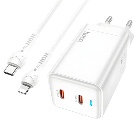 Зарядний пристрій мережевий PD 45W Hoco N23, 2 Type-C, кабель Type-C to Lightning, білий