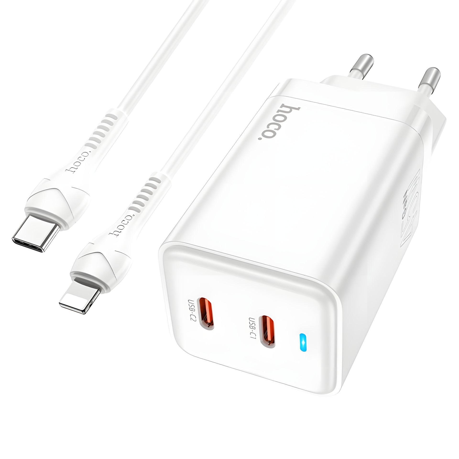 Зарядний пристрій мережевий PD 45W Hoco N23, 2 Type-C, кабель Type-C to Lightning, білий Зарядний пристрій мережевий PD 45W Hoco N23, 2 Type-C, кабель Type-C to Lightning, білий