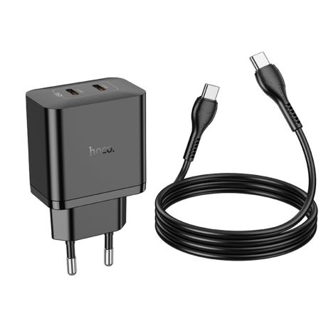 Мережевий зарядний пристрій Hoco N35, 2 Type-C, PD, 45W, чорний, кабель Type-C to Type-C Мережевий зарядний пристрій Hoco N35, 2 Type-C, PD, 45W, чорний, кабель Type-C to Type-C
