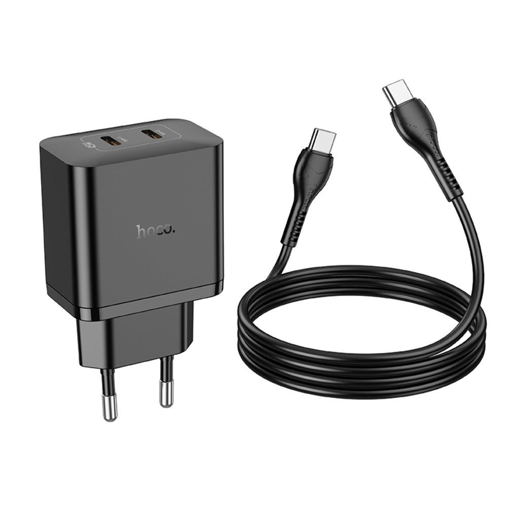 Мережевий зарядний пристрій Hoco N35, 2 Type-C, PD, 45W, чорний, кабель Type-C to Type-C Мережевий зарядний пристрій Hoco N35, 2 Type-C, PD, 45W, чорний, кабель Type-C to Type-C