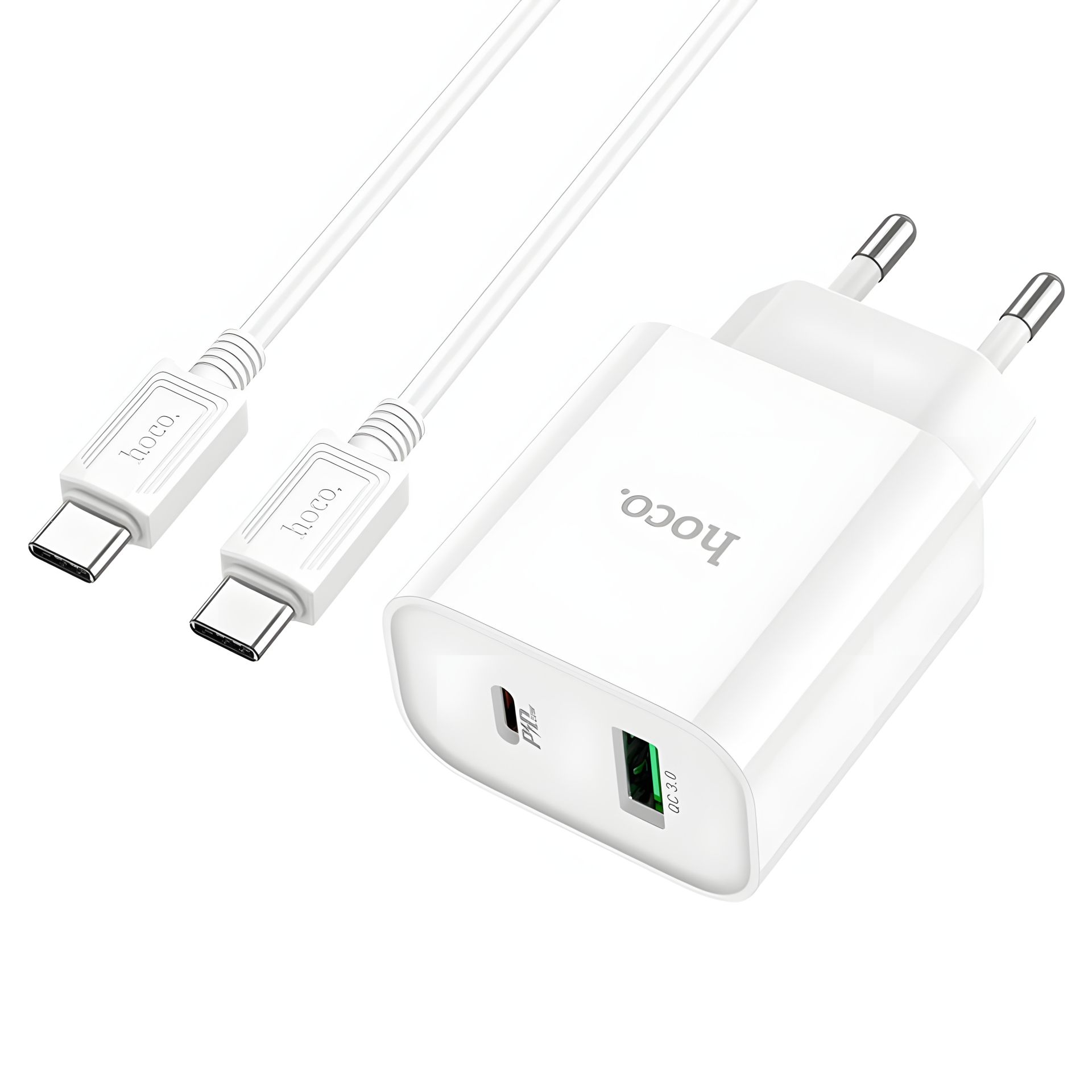 Быстрое сетевое зарядное устройство Hoco C80A Plus USB/ Type-C QC PD белое + кабель Type-C to Type-C Быстрое сетевое зарядное устройство Hoco C80A Plus USB/ Type-C QC PD белое + кабель Type-C to Type-C