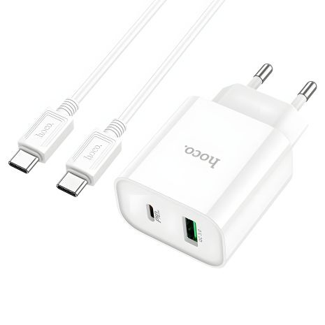 Быстрое сетевое зарядное устройство Hoco C80A Plus USB/ Type-C QC PD белое + кабель Type-C to Type-C Быстрое сетевое зарядное устройство Hoco C80A Plus USB/ Type-C QC PD белое + кабель Type-C to Type-C