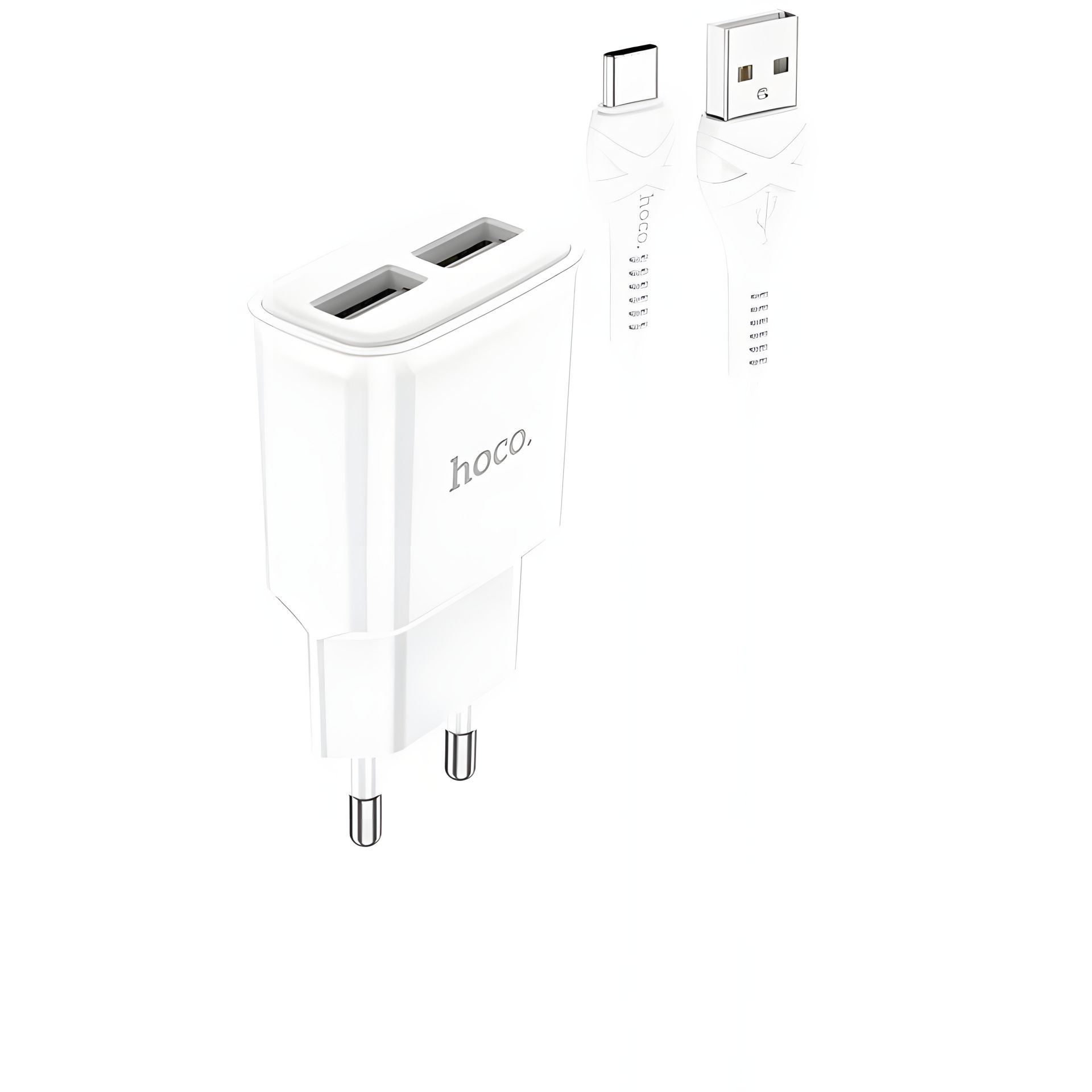 2-портовое зарядное устройство Hoco C88A 2USB 2.4A + кабель Type-C, белое 2-портовое зарядное устройство Hoco C88A 2USB 2.4A + кабель Type-C, белое