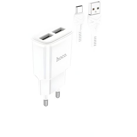 2-портовое зарядное устройство Hoco C88A 2USB 2.4A + кабель Type-C, белое 2-портовое зарядное устройство Hoco C88A 2USB 2.4A + кабель Type-C, белое