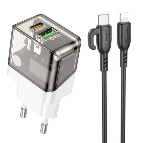 Зарядное устройство Borofone BA80A USB/Type-C PD QC 20W, прозрачно-черное + кабель Type-C to Lightning