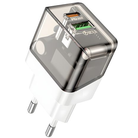 Сетевое зарядное устройство Borofone BA80A USB/Type-C PD QC 20W, прозрачно-черное