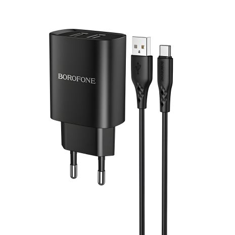Черное сетевое зарядное устройство Borofone BN2 с 2 USB + кабель USB to Type-C