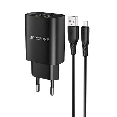 Зарядное устройство Borofone BN2 с 2 USB портами, черное, + кабель USB to MicroUSB