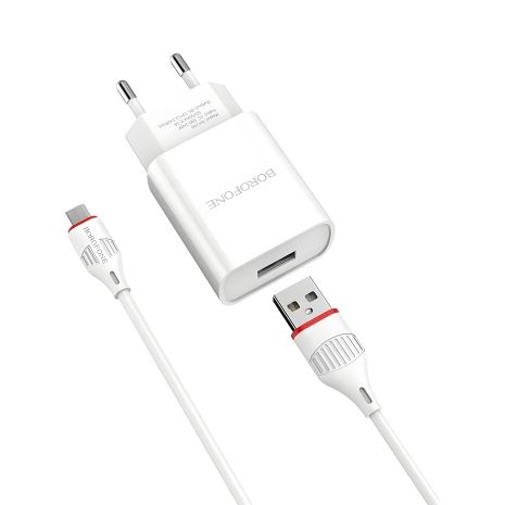Мережевий зарядний пристрій Borofone BA20A з кабелем USB to MicroUSB, 1USB, 2.1A, White