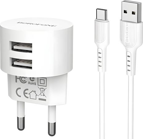 Borofone BA23A 2 USB 2.4A белое + кабель USB to Type-C зарядное устройство