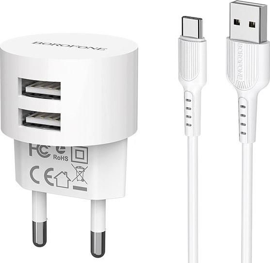 Borofone BA23A 2 USB 2.4A белое + кабель USB to Type-C зарядное устройство Borofone BA23A 2 USB 2.4A белое + кабель USB to Type-C зарядное устройство