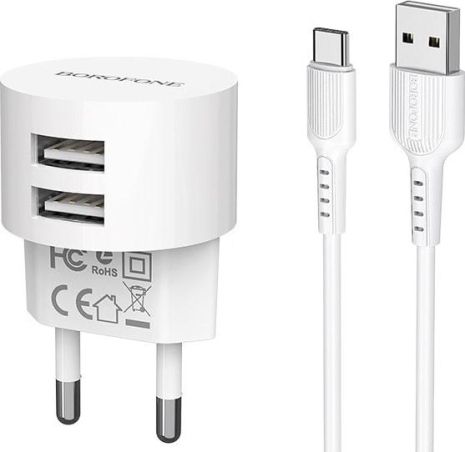 Borofone BA23A 2 USB 2.4A белое + кабель USB to Type-C зарядное устройство Borofone BA23A 2 USB 2.4A белое + кабель USB to Type-C зарядное устройство