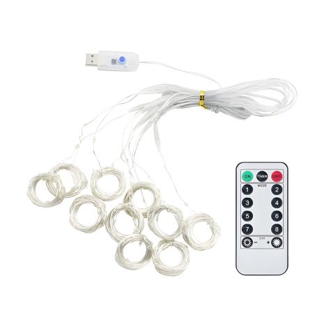 Светодиодная гирлянда USB штора, медная нить, теплый белый, 2x3м, 200LED, БЕЗ КРЮЧКОВ, 8 режимов, с пультом