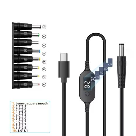 Кабель питания PD Type-C to DC 5.5x2.1-2.5mm 140W 5A с регулируемым напряжением 5V/9V/12V/15V/20V/28V для ноутбука, роутера + 8 переходников DC 5.5x2.1mm to DC, 1m Black Кабель питания PD Type-C to DC 5.5x2.1-2.5mm 140W 5A с регулируемым напряжением 5V/9V/12V/15V/20V/28V для ноутбука, роутера + 8 переходников DC 5.5x2.1mm to DC, 1m Black