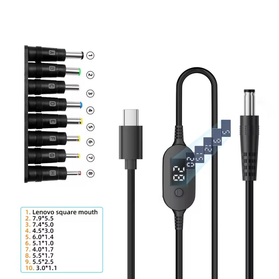 Кабель питания PD Type-C to DC 5.5x2.1-2.5mm 140W 5A с регулируемым напряжением 5V/9V/12V/15V/20V/28V для ноутбука, роутера + 8 переходников DC 5.5x2.1mm to DC, 1m Black Кабель питания PD Type-C to DC 5.5x2.1-2.5mm 140W 5A с регулируемым напряжением 5V/9V/12V/15V/20V/28V для ноутбука, роутера + 8 переходников DC 5.5x2.1mm to DC, 1m Black