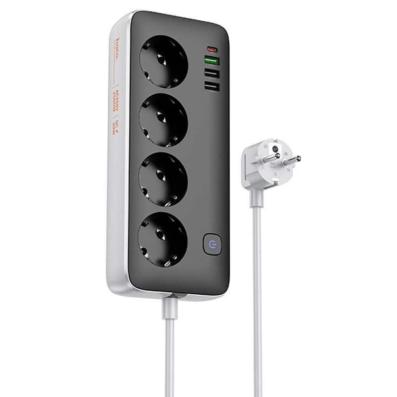 Удлинитель HOCO AC22 Sunlight 4-bit desktop socket (1.5M) |3USB/1Type-C, 30W/3A, PD/QC| black Удлинитель HOCO AC22 Sunlight 4-bit desktop socket (1.5M) |3USB/1Type-C, 30W/3A, PD/QC| black