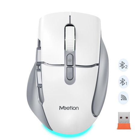 Миша MEETION 2.4G+Bluetooth Wireless Gaming Mouse BTM001 |800-1200-1600-2400dpi, 7keys, 35/140h, Type-C Charging, RGB| white-grey