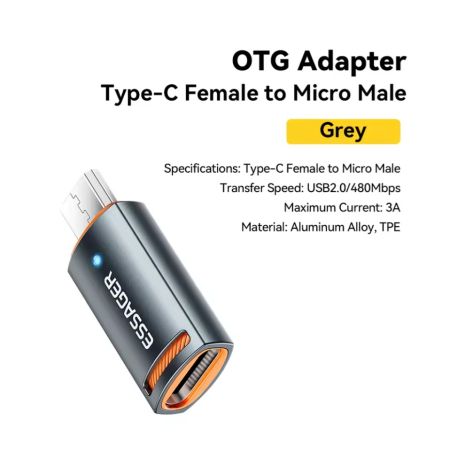 Адаптер Essager Type-C Female to MicroUSB Male , 3A 480 Mbps OTG Grey