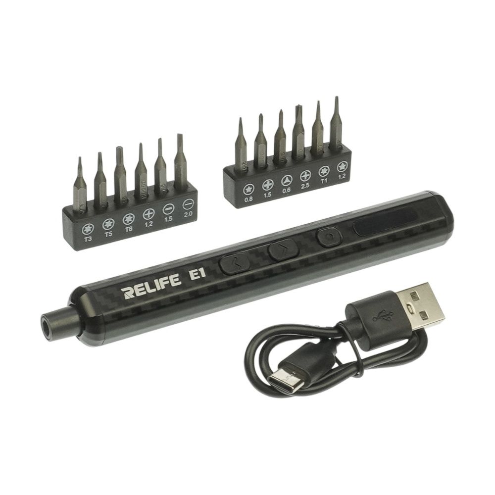 Аккумуляторная отвёртка Relife E1 Carbon c LED подсветкой и регулировкой крутящего момента (12 бит, USB-Type-C) Аккумуляторная отвёртка Relife E1 Carbon c LED подсветкой и регулировкой крутящего момента (12 бит, USB-Type-C)