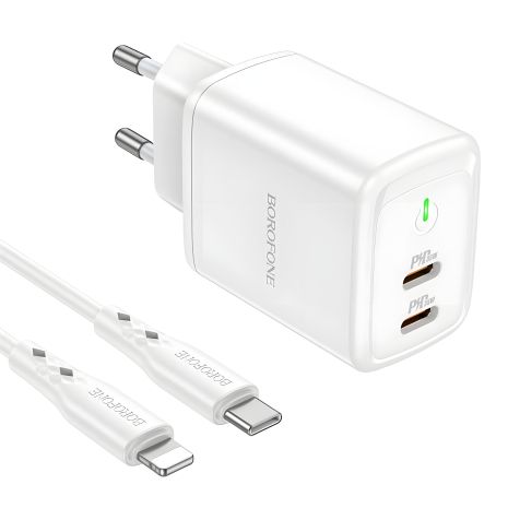 Сетевой адаптер Borofone BN9 Reacher PD/QC (2 USB-C) 35W Type-C to Lightning в белом цвете Сетевой адаптер Borofone BN9 Reacher PD/QC (2 USB-C) 35W Type-C to Lightning в белом цвете