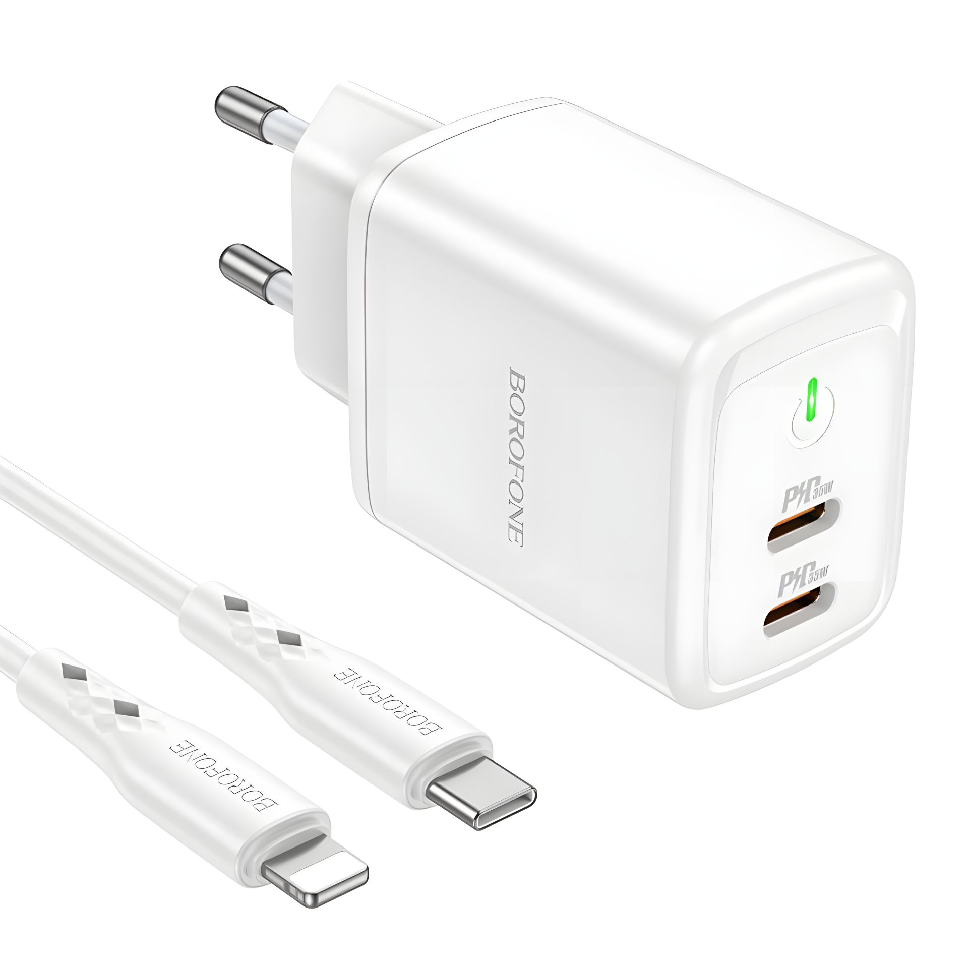 Сетевой адаптер Borofone BN9 Reacher PD/QC (2 USB-C) 35W Type-C to Lightning в белом цвете Сетевой адаптер Borofone BN9 Reacher PD/QC (2 USB-C) 35W Type-C to Lightning в белом цвете